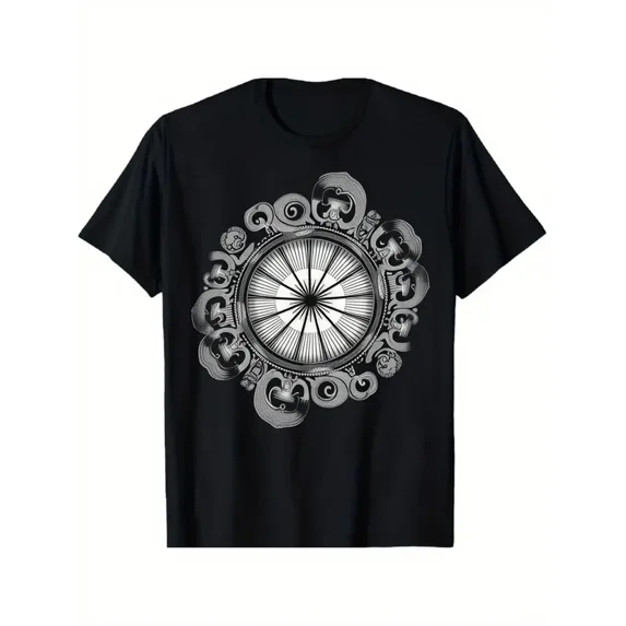 Men's Black 100% Cotton Vintage Nautical Compass & Ship Wheel T-Shirt - Loose Fit Short Sleeve Crew Neck Casual Streetwear Tee with Antique Map Print-like Design for Travel