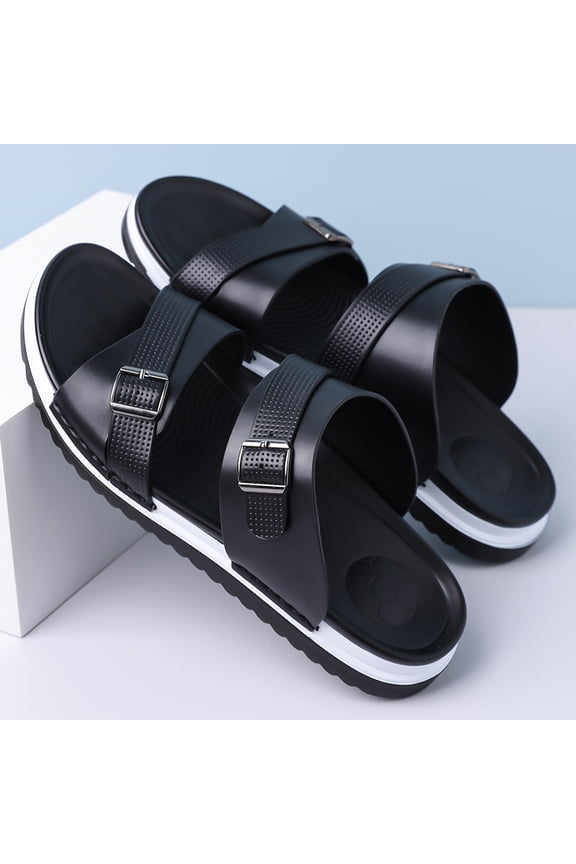 Men's Black Adjustable Dual-Strap Slide Sandals with Buckle Detail & Thick Sole