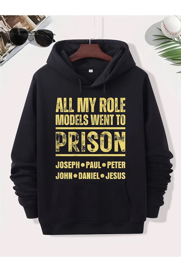Men's Black "All My Role Models Went to Prison" Graphic Hoodie - Bold Yellow Lettering & Bible Verse Design (Joseph/Paul/Peter/Jesus), Polyester Blend Sporty Pullover with Pocket,