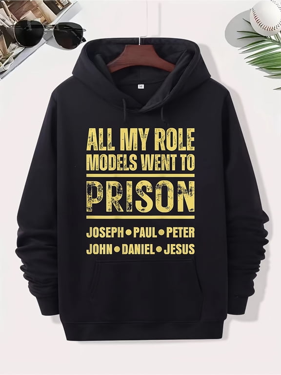 Men's Black "All My Role Models Went to Prison" Graphic Hoodie - Bold Yellow Lettering & Bible Verse Design (Joseph/Paul/Peter/Jesus), Polyester Blend Sporty Pullover with Pocket,