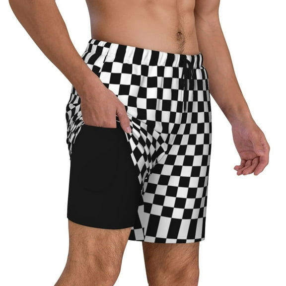 Men's Black And White Checkered Swim Trunks with Compression Liner Bathing Suit Swimwear
