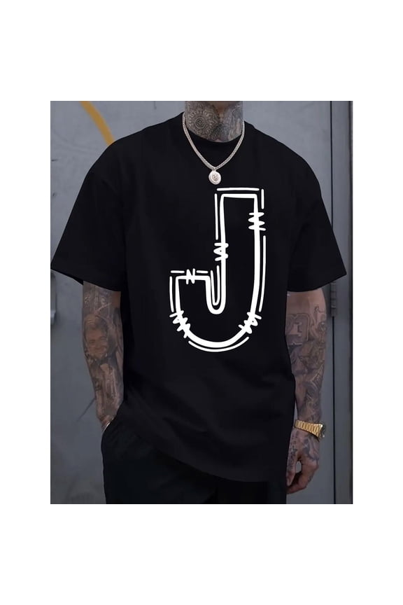 Men's Black Artistic Letter "J" Graphic Tee Plus Size S-5XL, Stylish Printed T-Shirt, Casual Oversized Top for Streetwear Enthusiasts & Personalized Style Lovers
