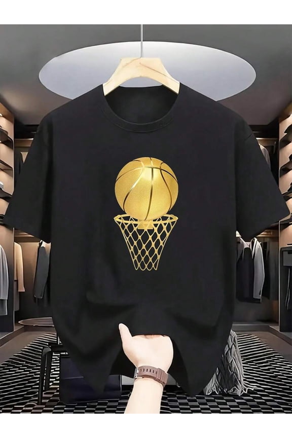 Men's Black Basketball T-Shirt - Gold Ring Design, Lightweight & Breathable, Short Sleeve for Summer