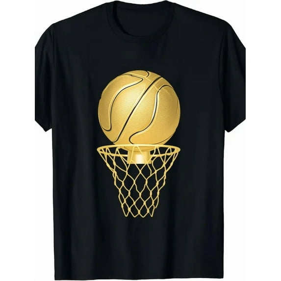 Men's Black Basketball T-Shirt with Golden Hoop & Print - Short Sleeve Crew Neck Casual Sports Jersey, Loose Fit Beige-Friendly Lightweight Tee for Streetwear, Gift for