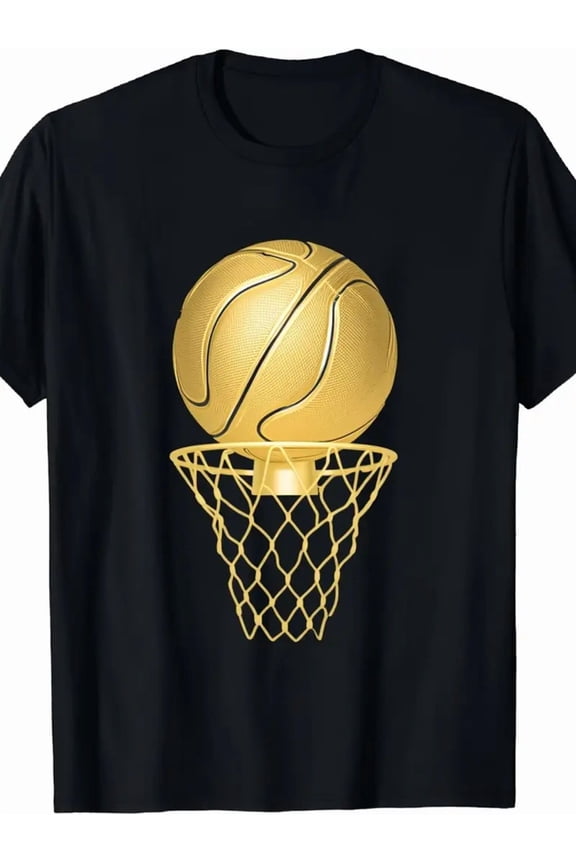 Men's Black Basketball T-Shirt with Golden Hoop & Print - Short Sleeve Crew Neck Casual Sports Jersey, Loose Fit Beige-Friendly Lightweight Tee for Streetwear, Gift for