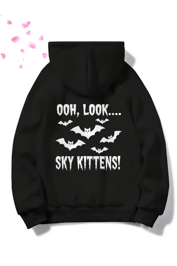 Men's Black Bat Print Hooded Sweatshirt with "Oh Look Sky Kittens!" Text & Bat Design - Oversized Loose Fit Gothic Pullover Hoodie for Halloween Costumes, Casual Wear, Gym, Outdoor - All-Season Comfo