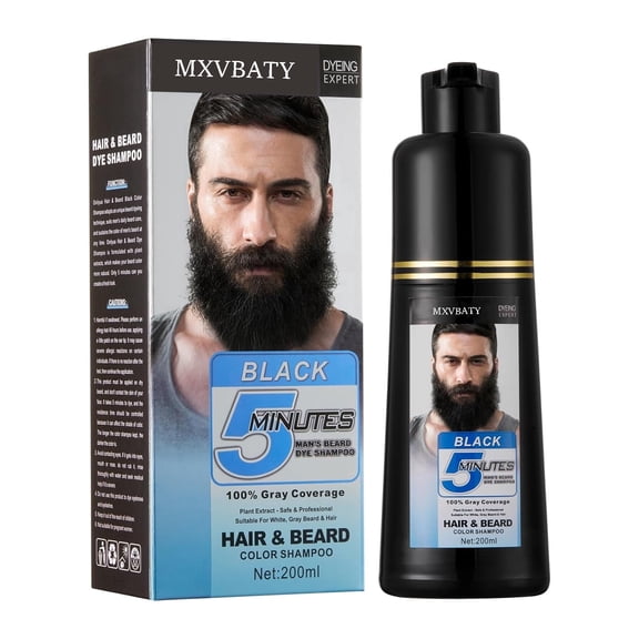 Men's Black Beard Dye, Black Hair Dye for Gray Hair Coverage, 3 in 1 Hair Dye Shampoo, Mustache & Beard Dye for Men, Quick & Easy to Use at Home, Long Lasting Beard Color for Men 200ML