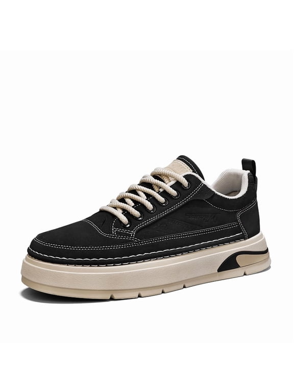 Men's Black & Beige Contrast Stitch Platform Sneakers, Casual Retro Lace-Up Shoes