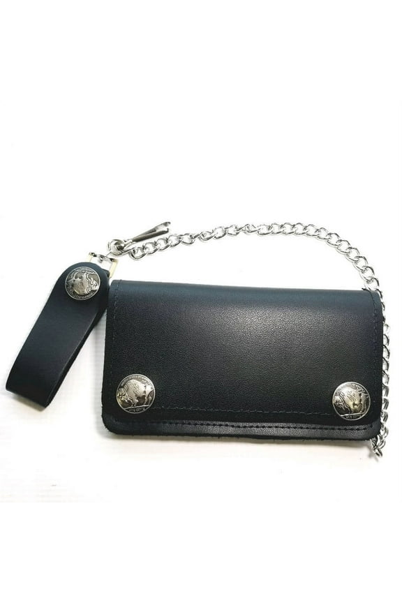 Men's Black Bi-Fold Leather Chain Wallet w/ Buffalo Nickel Snaps, USA Made