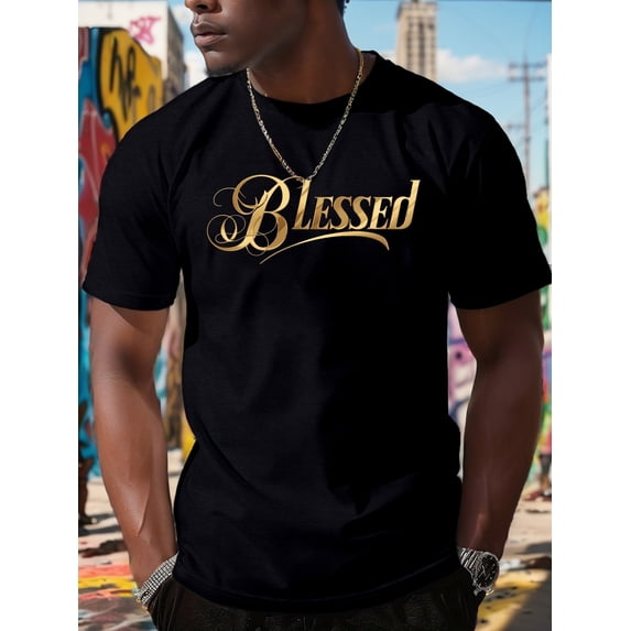 Men's Black Golden Print T-Shirt - 100% Cotton Relaxed Fit Casual Short Sleeve Tee, Lightweight 220 GSM for Spring Summer Fall, Machine Washable, PLuS SiZe