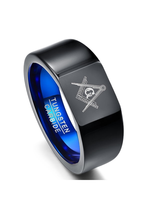 Men's Black Blue Freemason Symbol Ring Masonic Tungsten Carbide Square Ring Size 7-12