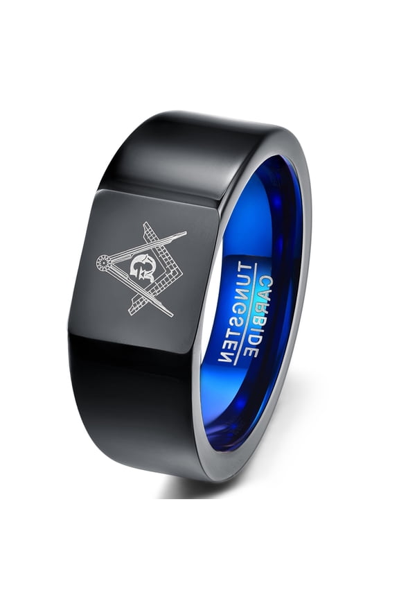 Men's Black Blue Freemason Symbol Ring Masonic Tungsten Carbide Square Ring Size 7-12