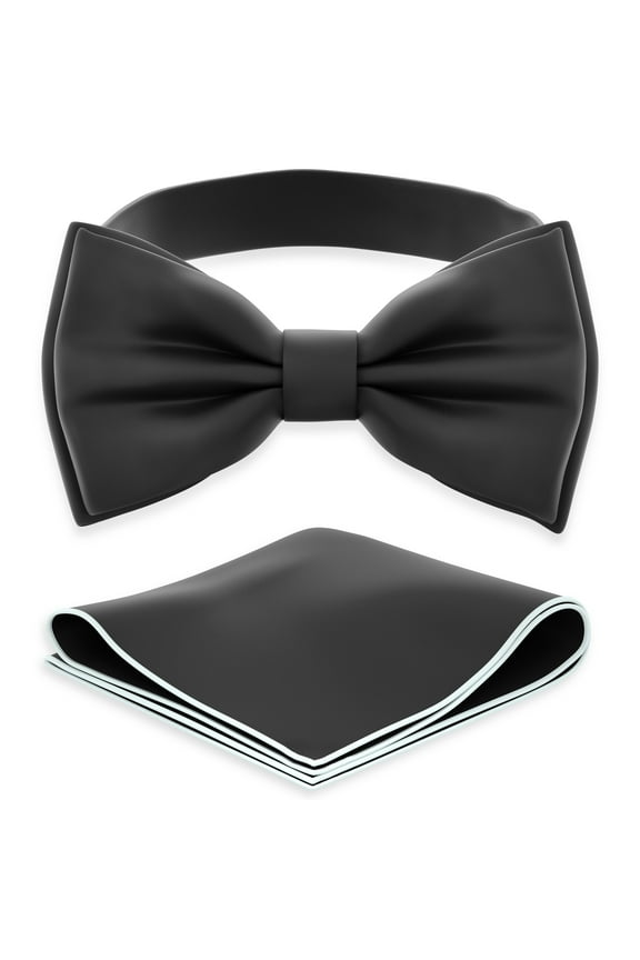 Men's Black Bow Tie with Handkerchief Set Pre-Tied Style Formal Satin Classic Bowtie for Tuxedo Faux Silk, by Adam Young (Large, Black)