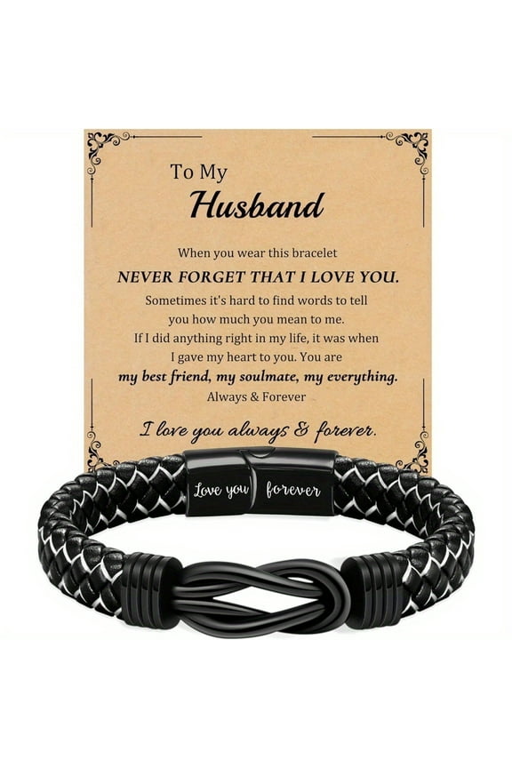 Men's Black Braided PU Leather Bracelet – Meaningful Gift For Boyfriend, Husband, Or Dad,9"-White-To My Husband