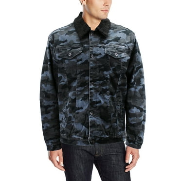 Men’s Black Camo Pattern Sherpa Fleece Lined Stretch Denim Trucker Jean Jacket (S)