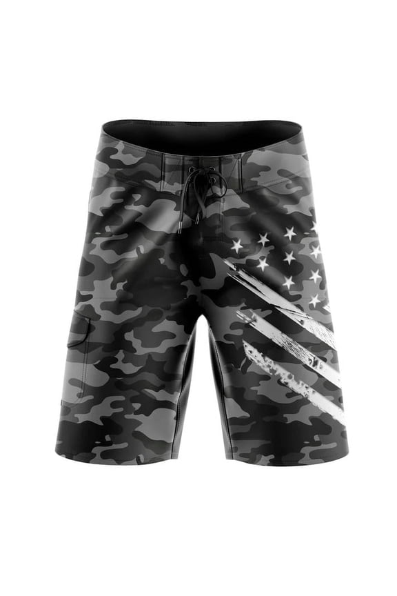 Men's Black Camo White Crest Board Shorts, Decorated in The USA
