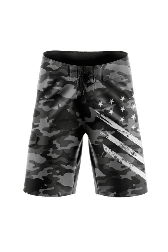 Men's Black Camo White Crest Board Shorts, Decorated in The USA