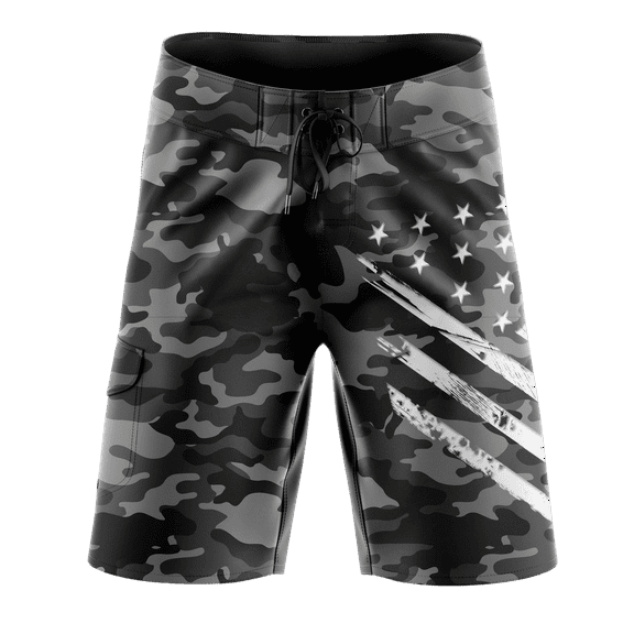 Men's Black Camo White Crest Board Shorts, Decorated in The USA