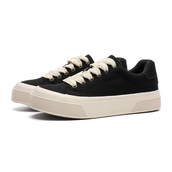 Men's Black Canvas Platform Sneakers with Off-White Sole, Casual Minimalist Shoes