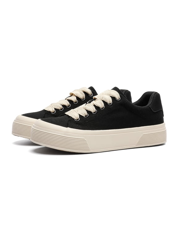 Men's Black Canvas Platform Sneakers with Off-White Sole, Casual Minimalist Shoes