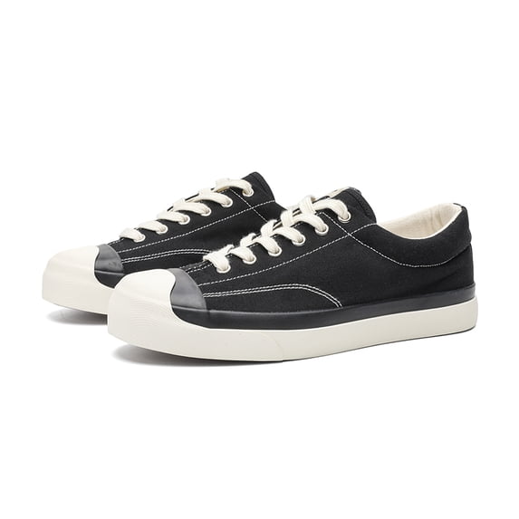 Men's Black Canvas Sneakers with Off-White Toe Cap, Retro Minimalist Casual Shoes