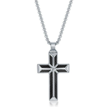 Men’s Black Carbon Fiber Cross Pendant Necklace | Stainless Steel 24” Round Box Link Chain Necklace | Religious Jewelry for First Communion, Baptism, or Confirmation