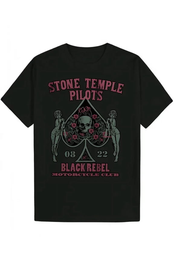 Men's Black Casual Summer Graphic T-Shirt - Round Neck Polyester, Stone Temple Pilots Design with Skull & Roses, Machine Washable,