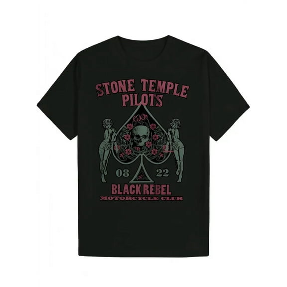 Men's Black Casual Summer Graphic T-Shirt - Round Neck Polyester, Stone Temple Pilots Design with Skull & Roses, Machine Washable,