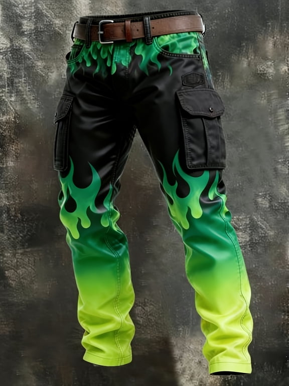 Men's Black Cherry Blossom & Flame Gradient Print Cargo Pants, Sweet Street Style, Bold & Unique Vibe, All-Season Wear, Ideal for Dates & Casual Occasions