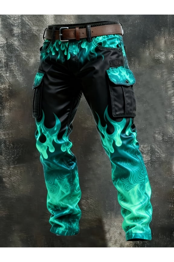 Men's Black Cherry Blossom & Flame Gradient Print Cargo Pants, Sweet Street Style, Bold & Unique Vibe, All-Season Wear, Ideal for Dates & Casual Occasions