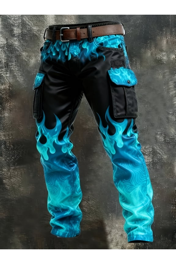 Men's Black Cherry Blossom & Flame Gradient Print Cargo Pants, Sweet Street Style, Bold & Unique Vibe, All-Season Wear, Ideal for Dates & Casual Occasions