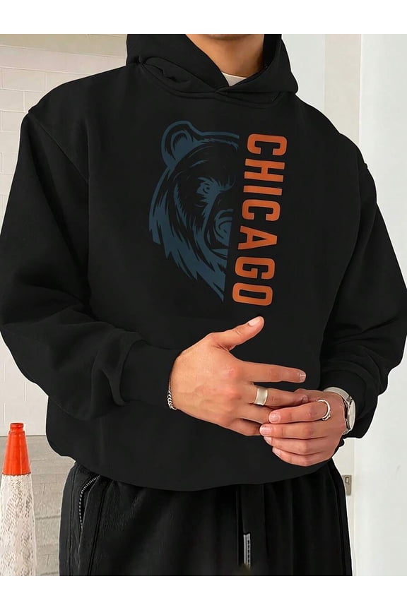 Men's Black Chicago Hoodie Blue Bear Head & Orange Text Graphic, Classic Hooded Sweatshirt Casual Daily Wear Indoor Outdoor Fashion Top for Men Chicago Blue Bear Head Orange Text Black Graphic Hoodie