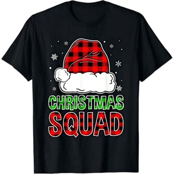 Men’s Black Christmas Squad Plaid Santa Hat Holiday T-Shirt
