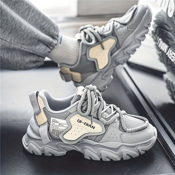 Men's All Black Chunky Platform Dad Sneakers, Breathable Mesh Tech Athletic Shoes, Non-Slip Shock Absorption Running Shoes for Gym, Workout & Daily Wear