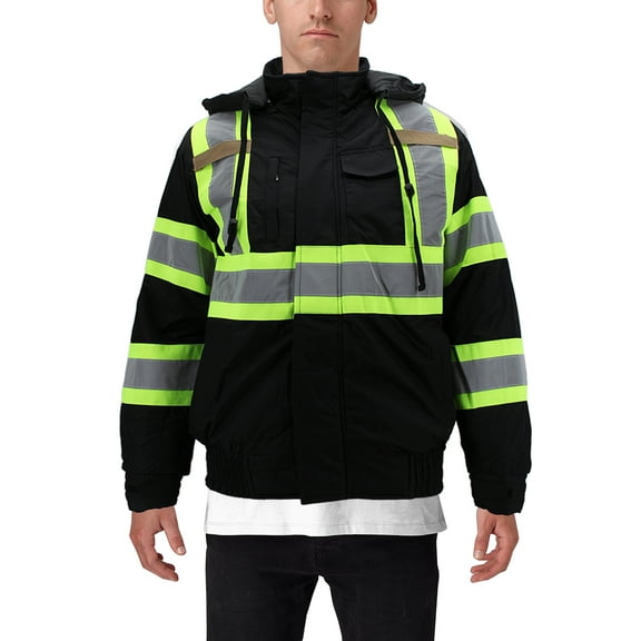 Men's Black Class 3 High Visibility Water Resistant Removable Hood Work Jacket (2XL)