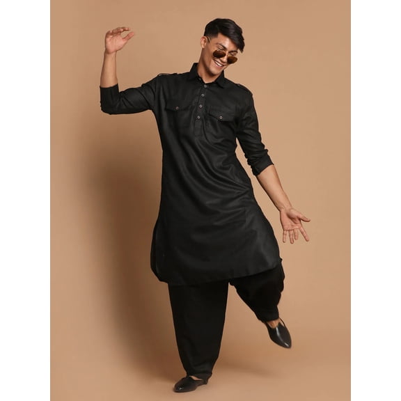 Men's Black Color Indian Traditional Wear Tunic Cotton Kurta Pajama Set