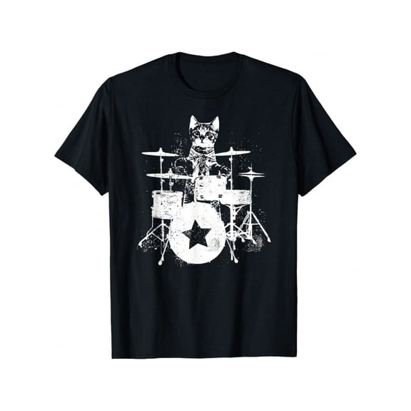 Men's Black Cotton Graphic T-Shirt - Playing Drums Design with Starry Night Theme, Soft & Comfortable Short Sleeve Tee for Casual Outings, Music-Inspired Style for Men & Women