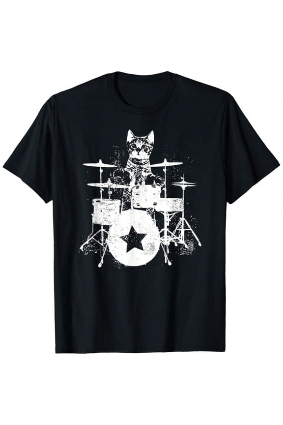 Men's Black Cotton Graphic T-Shirt - Playing Drums Design with Starry Night Theme, Soft & Comfortable Short Sleeve Tee for Casual Outings, Music-Inspired Style for Men & Women