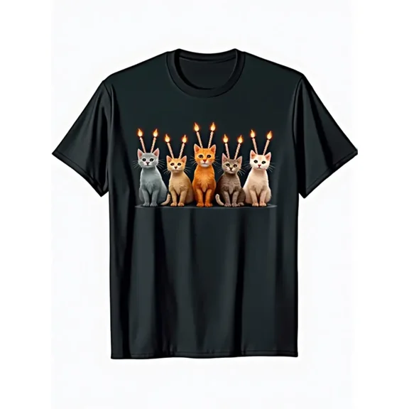 Men's Black Cotton Hanukkah T-Shirt with Six Cats & Lit Candles - Comfortable Casual Fit, Short Sleeve Round Neck, All-Season Wear, Sizes S-XXXL, Machine Washable Jewish