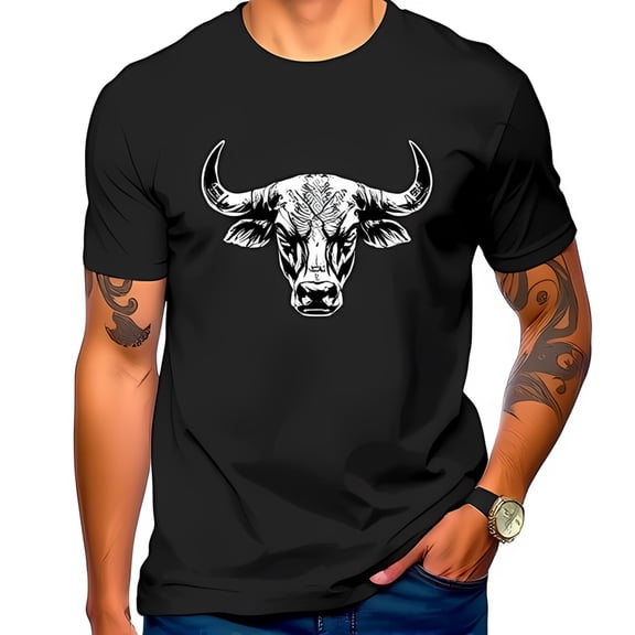 Men's Black Cotton Short Sleeve T-Shirt with Bold White 's Head Graphic Design - Edgy Rustic Style