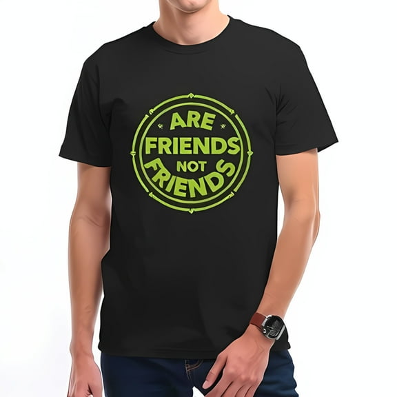 Men's Black Cotton Short Sleeve T-Shirt with Green Drum Head Design - " ARE FRIENDS NOT FRIENDS " Vintage Style Graphic Tee