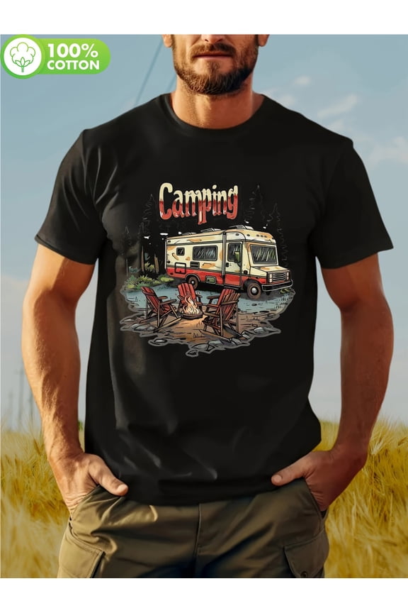 Men's Black Cotton T-Shirt with Camping Graphic Print - Breathable 100% Cotton, Retro Camper Van & "CAMPING" Design, Round Neck Short Sleeve for Summer Outdoor Activities, Hiking