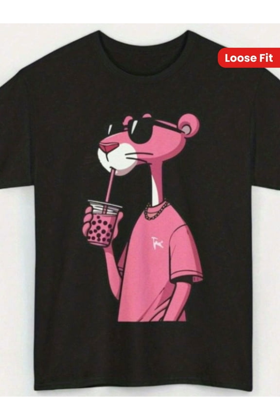 Men's Black Cotton T-Shirt with Pink Panther Cartoon Design – Casual Loose Fit, Short Sleeve, Round Neck, Machine Washable, Soft & Comfortable Fabric for Casual Attire