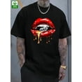 thumbnail image 1 of Men's Black Cotton T-Shirt with Red Lips & Diamond Print – Casual Summer Tee for Casual Attire, Machine Washable, Round Neck, Short Sleeve, Outdoor Clothing, 1 of 9