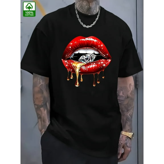 Men's Black Cotton T-Shirt with Red Lips & Diamond Print – Casual Summer Tee for Casual Attire, Machine Washable, Round Neck, Short Sleeve, Outdoor Clothing