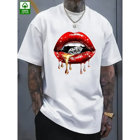 Men's Black Cotton T-Shirt with Red Lips & Diamond Print – Casual Summer Tee for Casual Attire, Machine Washable, Round Neck, Short Sleeve, Outdoor Clothing