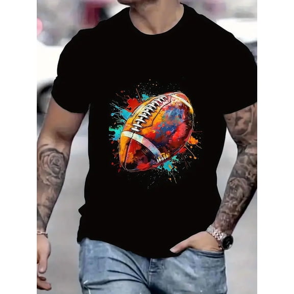 Men's Black Cotton T-Shirt with Vibrant American Football Print – Round Neck, Short Sleeve, Lightweight & Breathable, Perfect for Summer Streetwear and Sports Enthusiasts