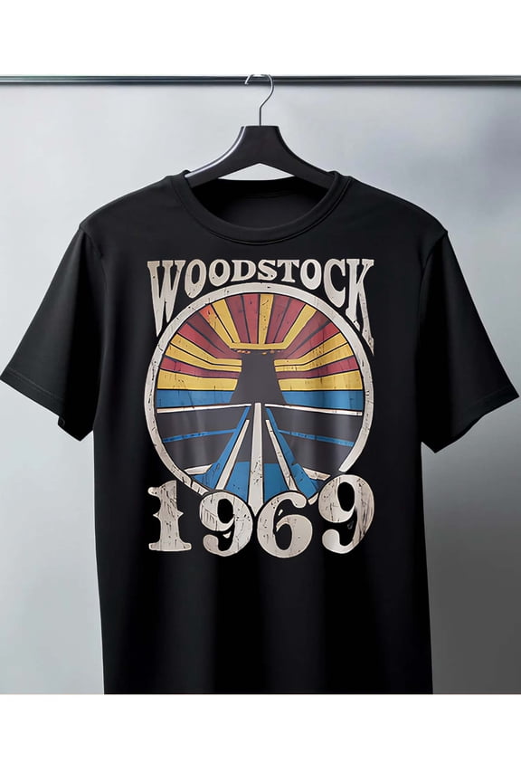 Men's Black Cotton T-Shirt - Vintage Woodstock 1969 Music Festival Tee
