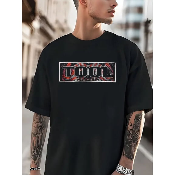 Men's Black Cotton T-Shirt with Bold "TOOL" Graphic Print – Short Sleeve, Regular Fit, All-Season Comfort, 100% Cotton, 180g