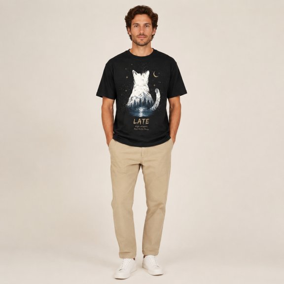 Men's Black Crew Neck Graphic T-Shirt, Cat Night Moon Mountain Print Short Sleeve Tee for Summer Casual Wear